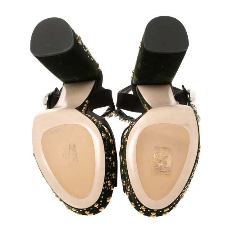 Pre Owned Miu Miu Black/Green Satin and Studded Velvet Crystal Embellished Platform Ankle Strap Sandals Size 38.5