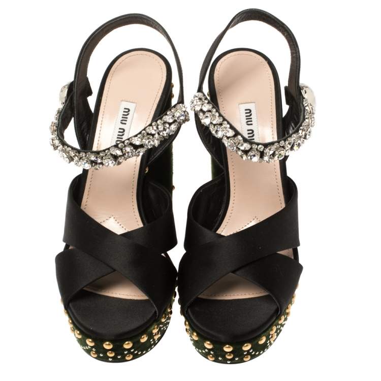 Pre Owned Miu Miu Black/Green Satin and Studded Velvet Crystal Embellished Platform Ankle Strap Sandals Size 38.5