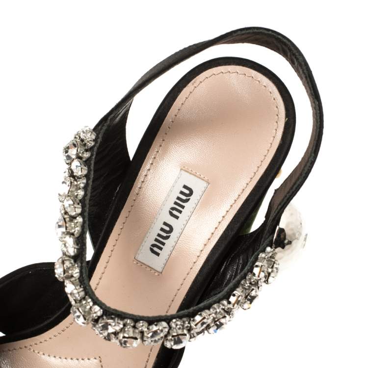Pre Owned Miu Miu Black/Green Satin and Studded Velvet Crystal Embellished Platform Ankle Strap Sandals Size 38.5