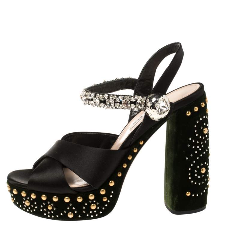 Pre Owned Miu Miu Black/Green Satin and Studded Velvet Crystal Embellished Platform Ankle Strap Sandals Size 38.5
