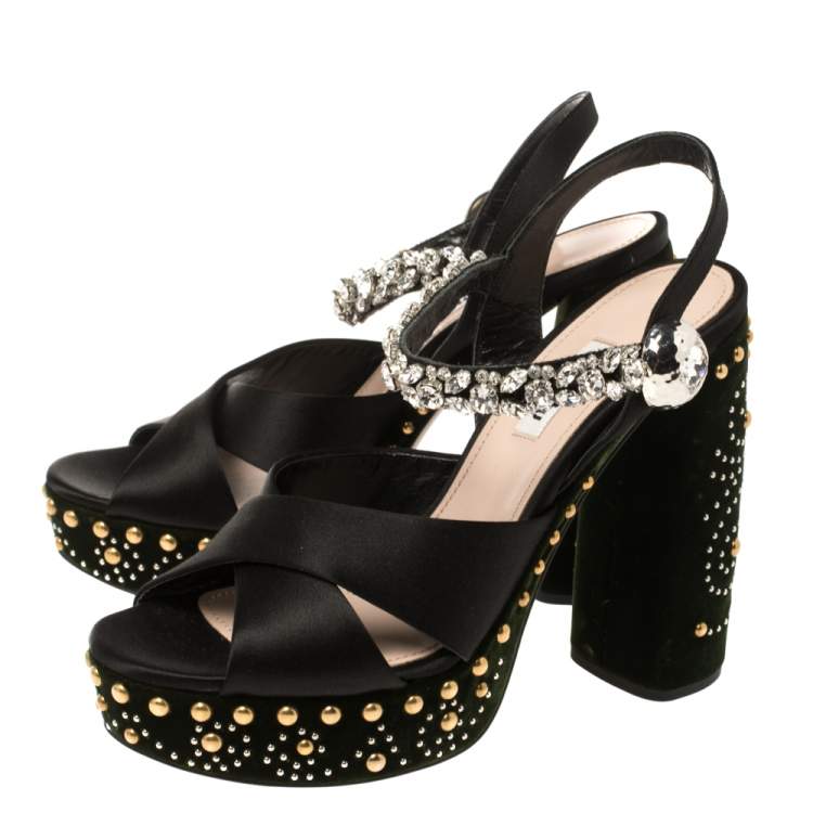 Pre Owned Miu Miu Black/Green Satin and Studded Velvet Crystal Embellished Platform Ankle Strap Sandals Size 38.5