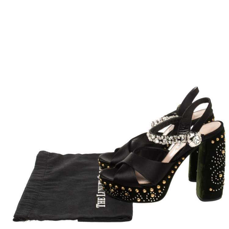 Pre Owned Miu Miu Black/Green Satin and Studded Velvet Crystal Embellished Platform Ankle Strap Sandals Size 38.5