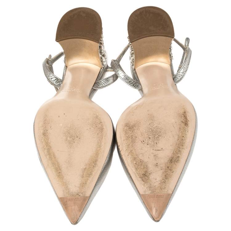 Pre Owned Miu Miu Silver Leather Jewel Embellished Block Heel Ankle Strap Pumps Size 37.5