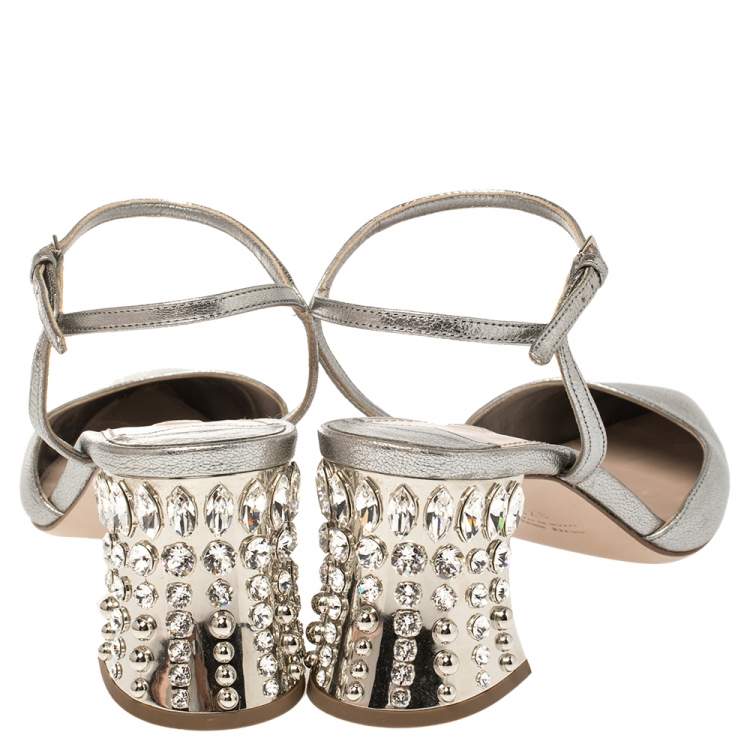 Pre Owned Miu Miu Silver Leather Jewel Embellished Block Heel Ankle Strap Pumps Size 37.5