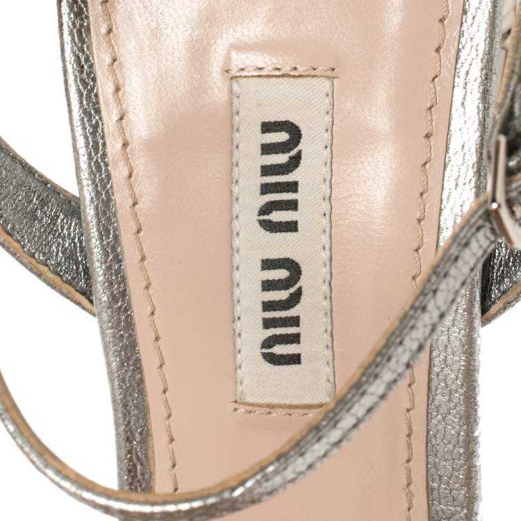 Pre Owned Miu Miu Silver Leather Jewel Embellished Block Heel Ankle Strap Pumps Size 37.5