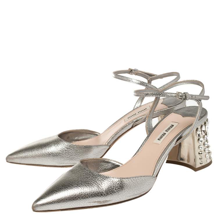 Pre Owned Miu Miu Silver Leather Jewel Embellished Block Heel Ankle Strap Pumps Size 37.5