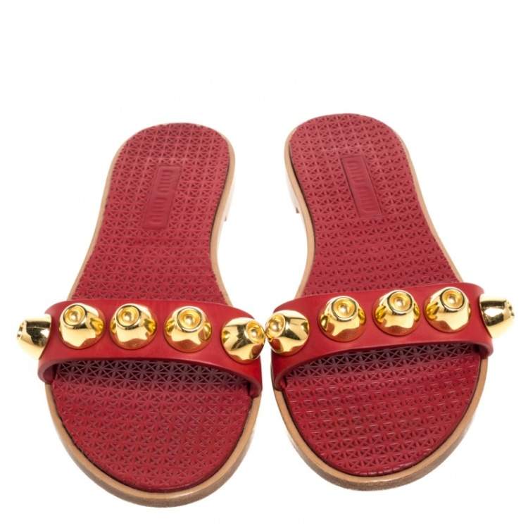 Pre Owned Miu Miu Red Leather Slide Sandals Size 37