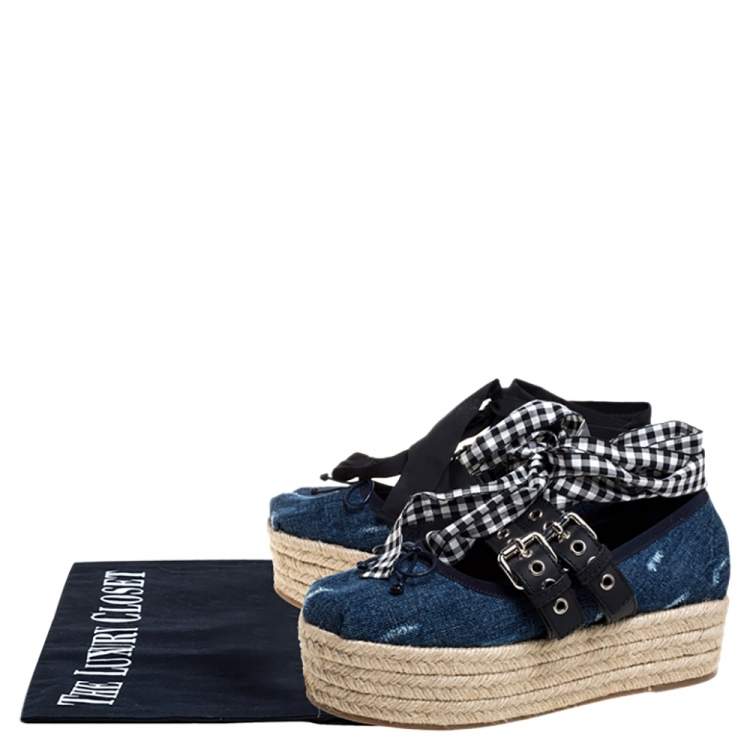 Pre Owned Miu Miu Blue Denim Lace Up Platform Wedge Flat Esapdrilles Szie 37.5