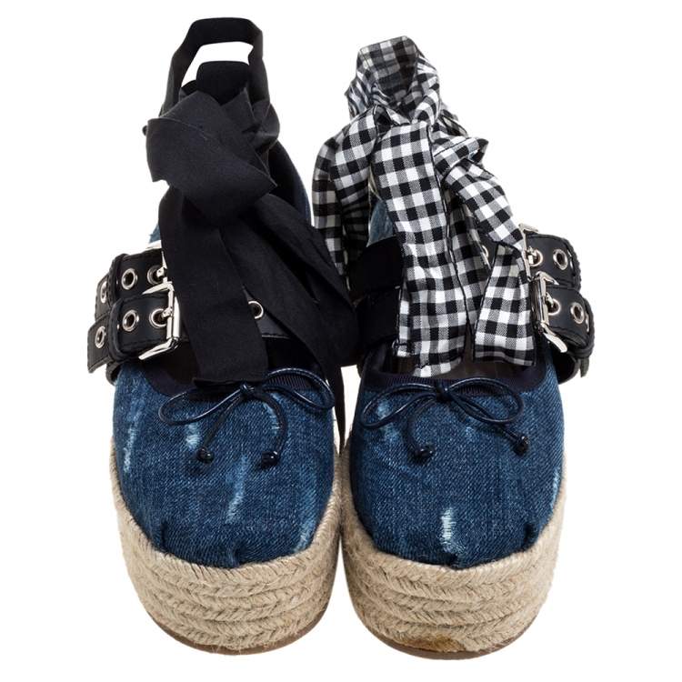 Pre Owned Miu Miu Blue Denim Lace Up Platform Wedge Flat Esapdrilles Szie 37.5