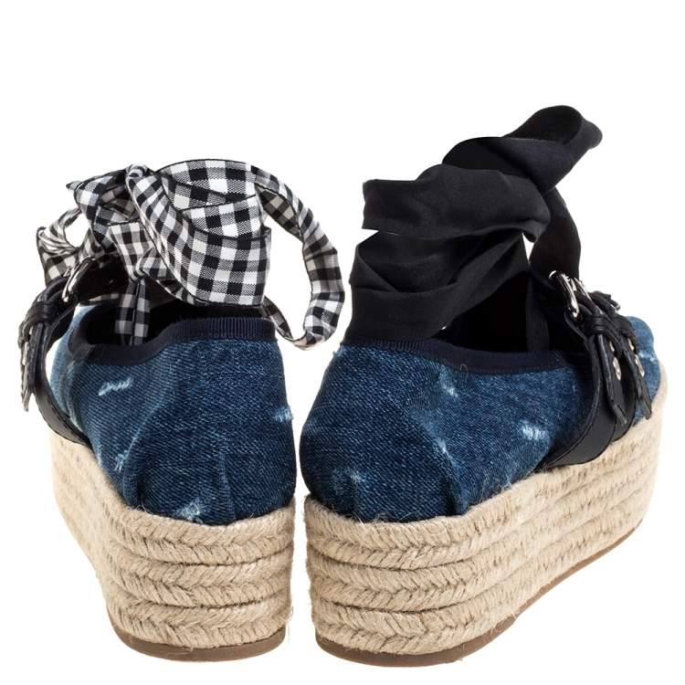 Pre Owned Miu Miu Blue Denim Lace Up Platform Wedge Flat Esapdrilles Szie 37.5