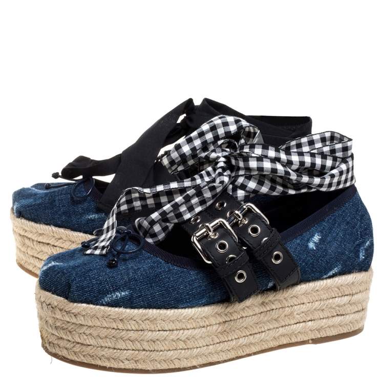 Pre Owned Miu Miu Blue Denim Lace Up Platform Wedge Flat Esapdrilles Szie 37.5
