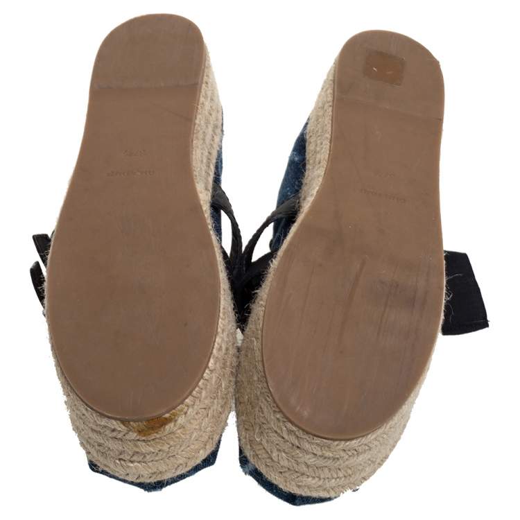 Pre Owned Miu Miu Blue Denim Lace Up Platform Wedge Flat Esapdrilles Szie 37.5