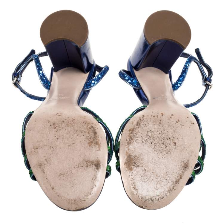 مملوكة مسبقًا Miu Miu Green/Blue Glitter Strappy Block Heels Sandals Size 39