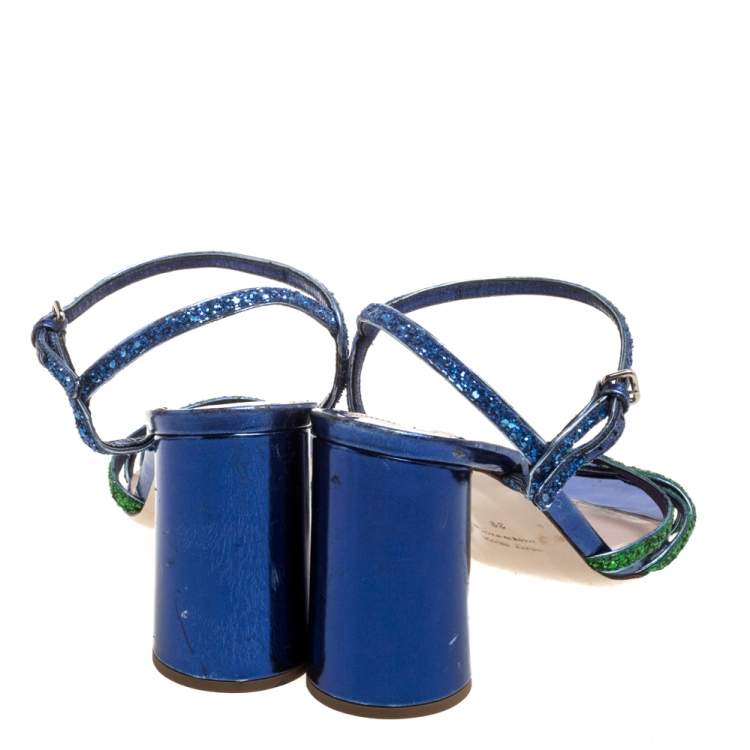 مملوكة مسبقًا Miu Miu Green/Blue Glitter Strappy Block Heels Sandals Size 39