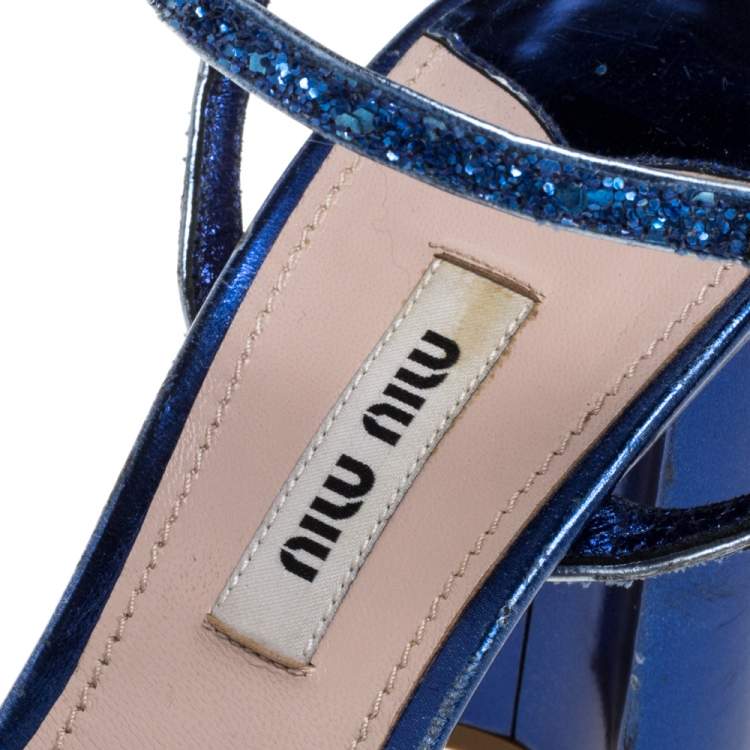 مملوكة مسبقًا Miu Miu Green/Blue Glitter Strappy Block Heels Sandals Size 39