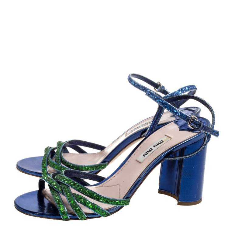 مملوكة مسبقًا Miu Miu Green/Blue Glitter Strappy Block Heels Sandals Size 39