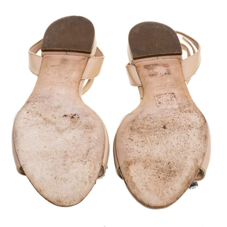 Pre Owned Miu Miu Beige Patent Leather Crystal Embellished T Strap Flat Sandals Size 36