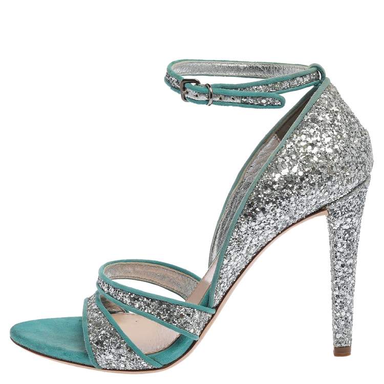 Pre Owned Miu Miu Silver/Blue Coarse Glitter And Suede Trims Open Toe Ankle Strap Sandals Size 38
