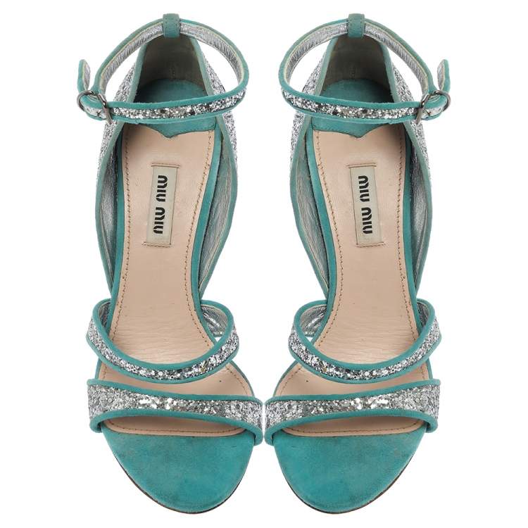 Pre Owned Miu Miu Silver/Blue Coarse Glitter And Suede Trims Open Toe Ankle Strap Sandals Size 38