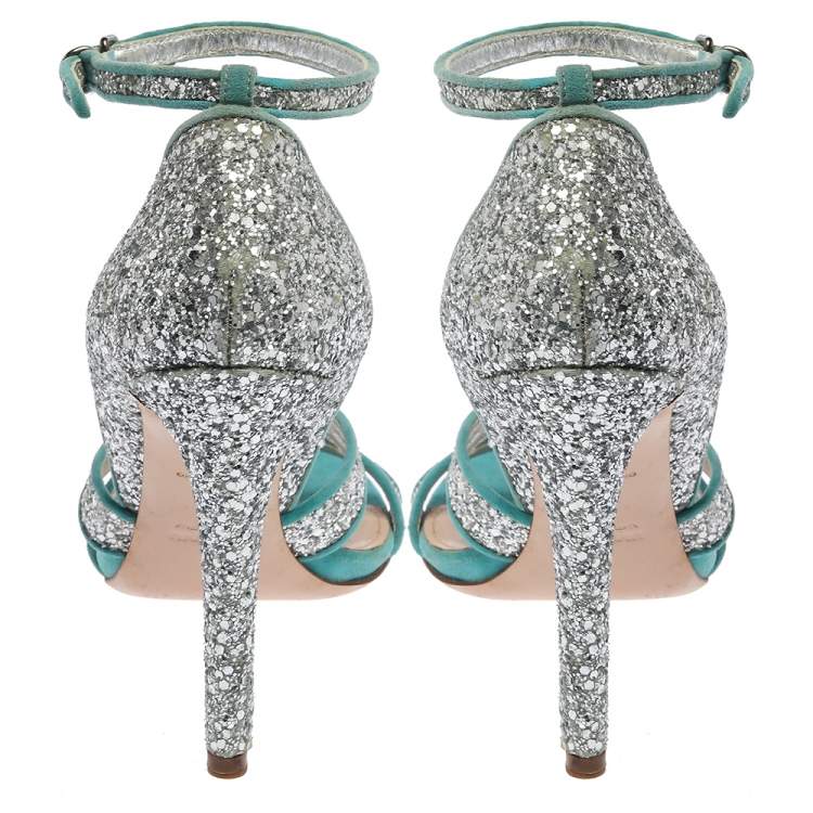 Pre Owned Miu Miu Silver/Blue Coarse Glitter And Suede Trims Open Toe Ankle Strap Sandals Size 38