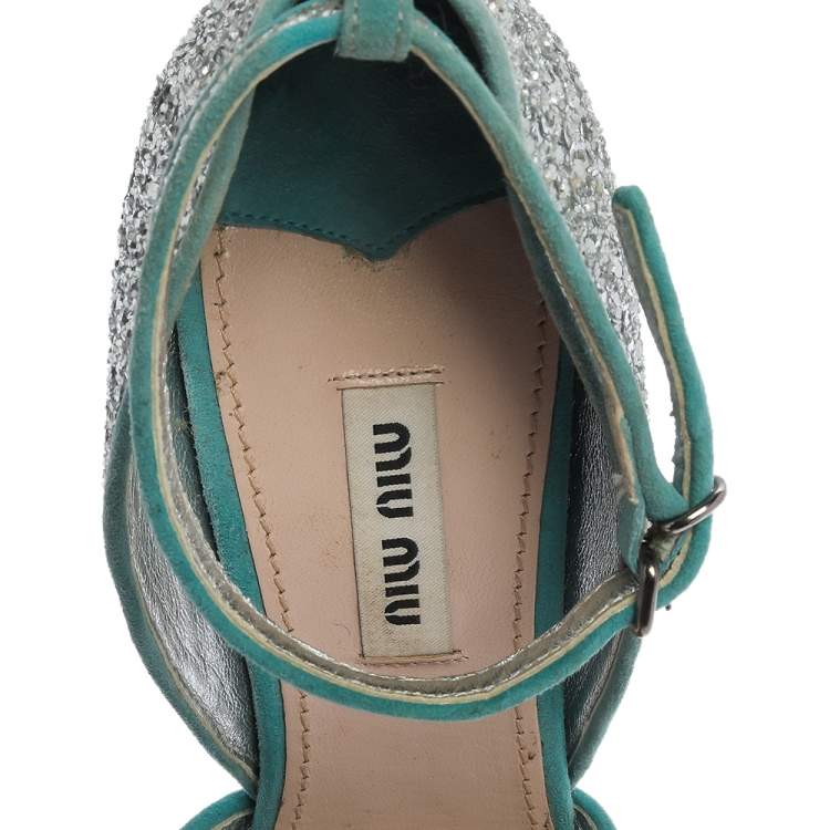 Pre Owned Miu Miu Silver/Blue Coarse Glitter And Suede Trims Open Toe Ankle Strap Sandals Size 38