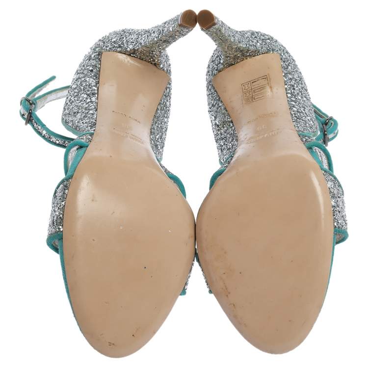 Pre Owned Miu Miu Silver/Blue Coarse Glitter And Suede Trims Open Toe Ankle Strap Sandals Size 38