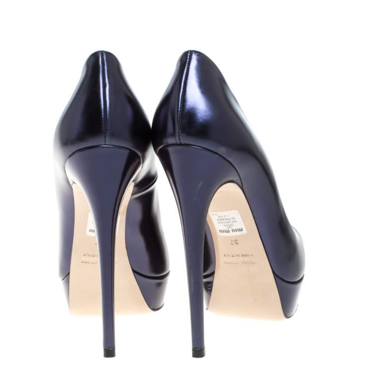 Pre Owned Miu Miu Metallic Blue Leather Platform Pumps Size 37