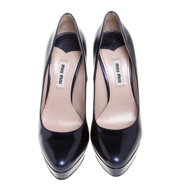 Pre Owned Miu Miu Metallic Blue Leather Platform Pumps Size 37