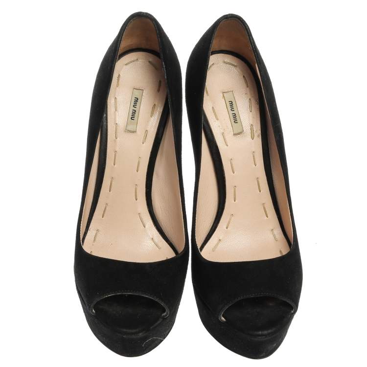 Pre Owned Miu Miu Black Suede Peep Toe Platform Pumps Size 37
