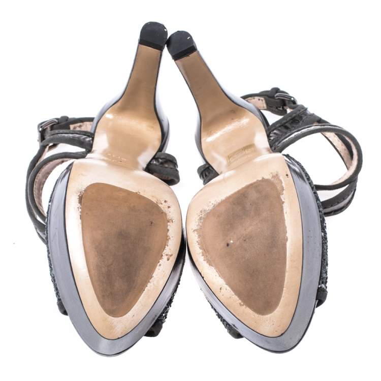 Pre Owned Miu Miu Metallic Grey Glitter And Suede Leather Trim Cross Strap Peep Toe Platform Sandals Size 37.5