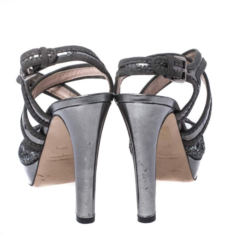 Pre Owned Miu Miu Metallic Grey Glitter And Suede Leather Trim Cross Strap Peep Toe Platform Sandals Size 37.5
