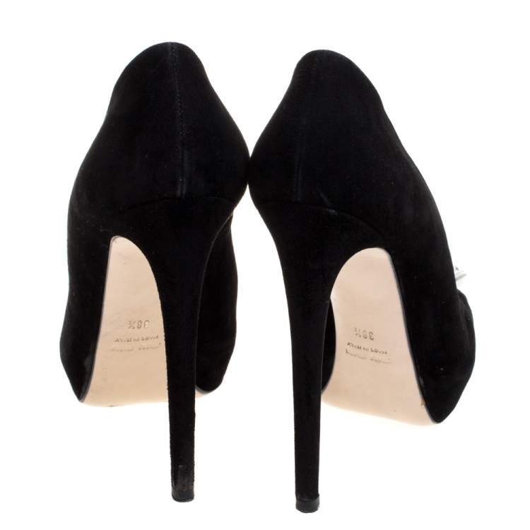 Pre Owned Miu Miu Black Suede Crystal Embellished Peep Toe Platform Pumps Size 38.5