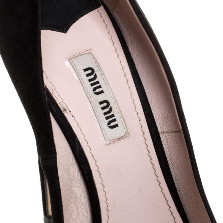 Pre Owned Miu Miu Black Suede Crystal Embellished Peep Toe Platform Pumps Size 38.5