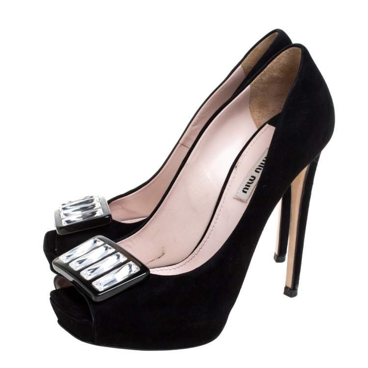 Pre Owned Miu Miu Black Suede Crystal Embellished Peep Toe Platform Pumps Size 38.5