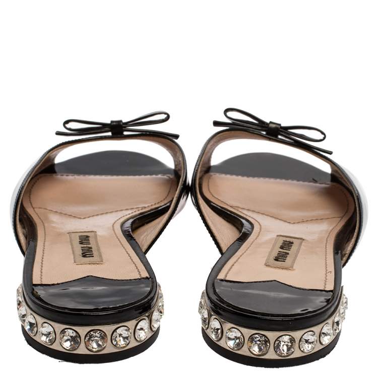 Pre Owned Miu Miu Black Patent Leather Crystal Embellished Heel Bow Flat Slides Size 36