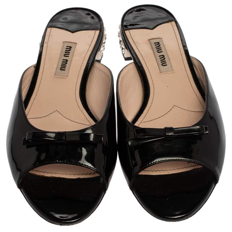 Pre Owned Miu Miu Black Patent Leather Crystal Embellished Heel Bow Flat Slides Size 36
