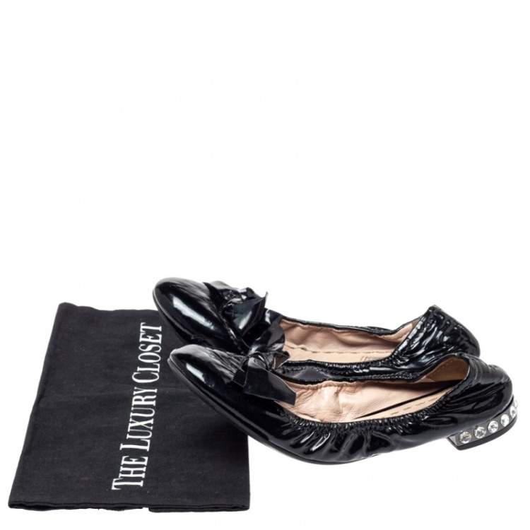 Pre Owned Miu Miu Black Patent Leather Crystal Embellished Ballet Flats Size 39.5