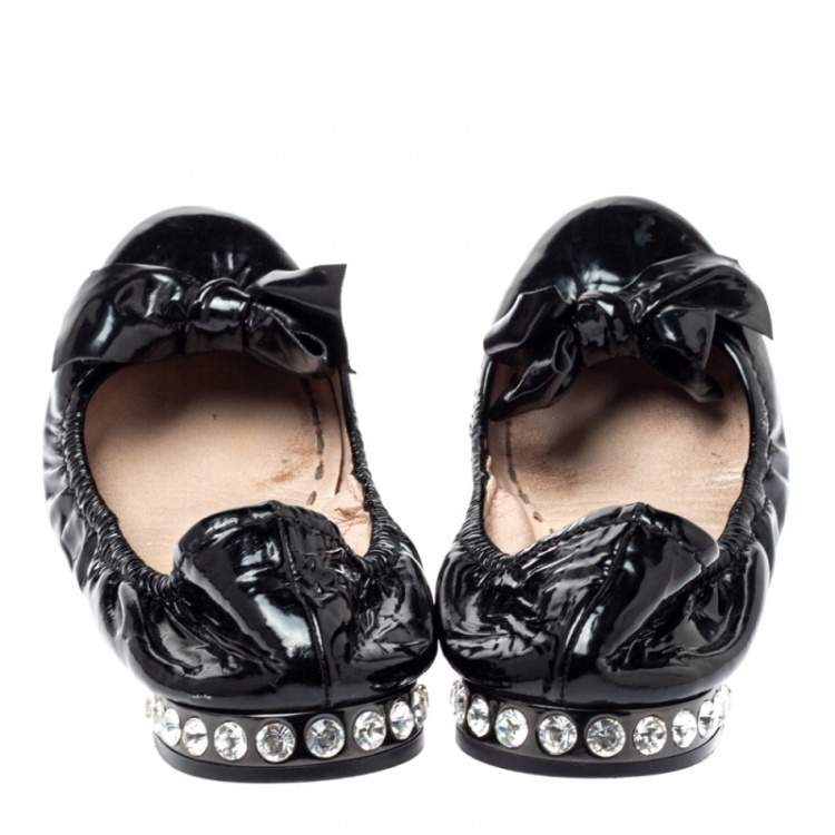 Pre Owned Miu Miu Black Patent Leather Crystal Embellished Ballet Flats Size 39.5