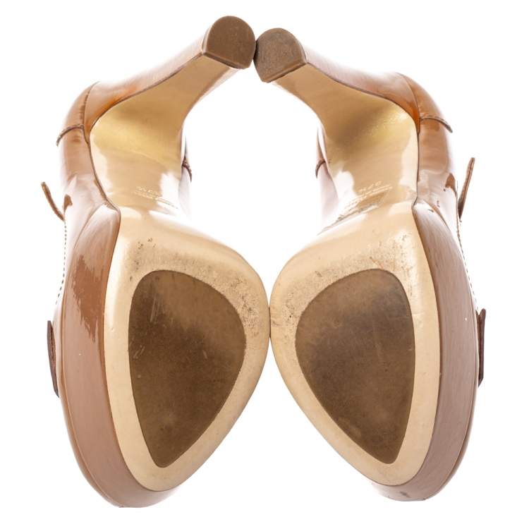 مملوكة مسبقًا Miu Miu Brown Patent Leather Penny Loafer Platform Pumps Size 37.5