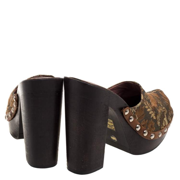 Pre Owned Miu Miu Brown/Gold Brocade Fabric Studded Platform Clogs Size 39.5