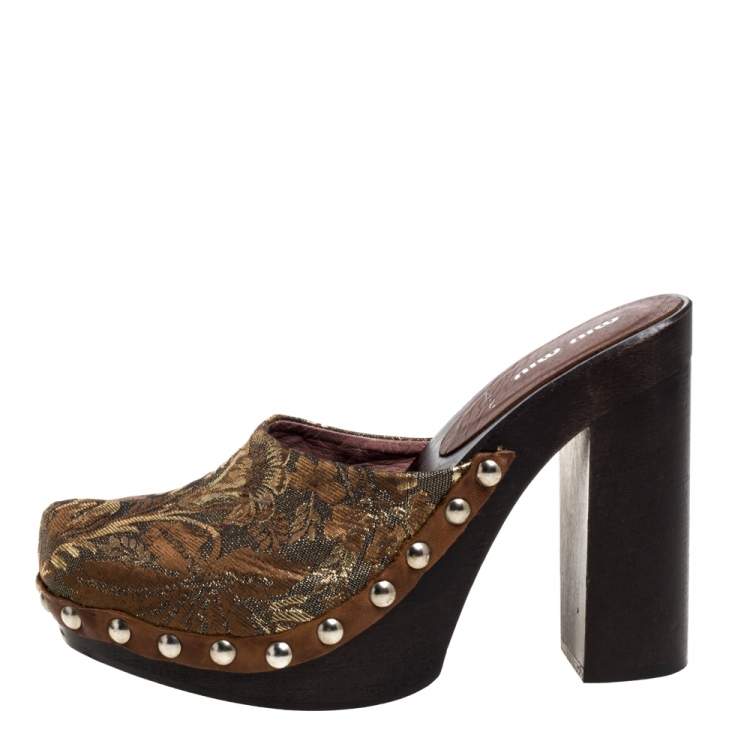 Pre Owned Miu Miu Brown/Gold Brocade Fabric Studded Platform Clogs Size 39.5