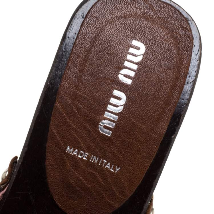 Pre Owned Miu Miu Brown/Gold Brocade Fabric Studded Platform Clogs Size 39.5
