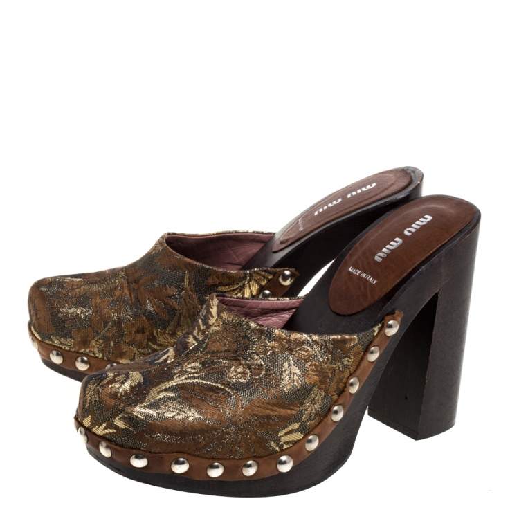 Pre Owned Miu Miu Brown/Gold Brocade Fabric Studded Platform Clogs Size 39.5