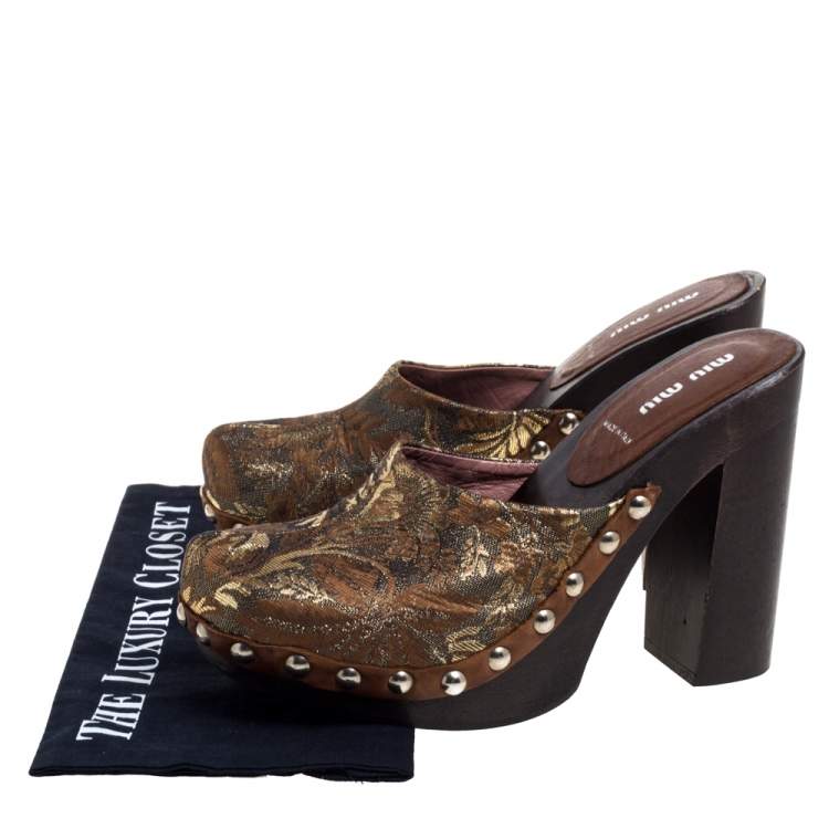 Pre Owned Miu Miu Brown/Gold Brocade Fabric Studded Platform Clogs Size 39.5