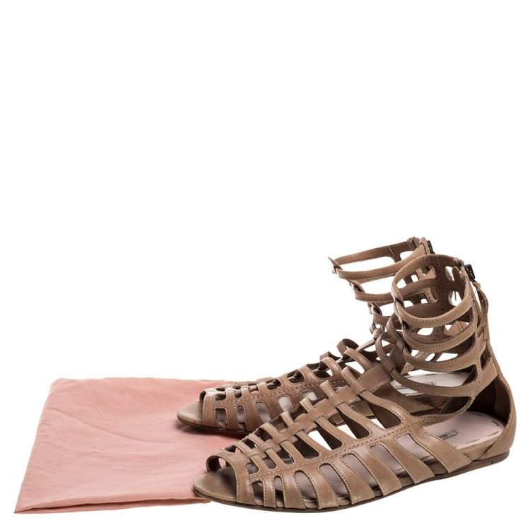 Pre Owned Miu Miu Light Brown Leather Gladiator Flat Sandals Size 39.5