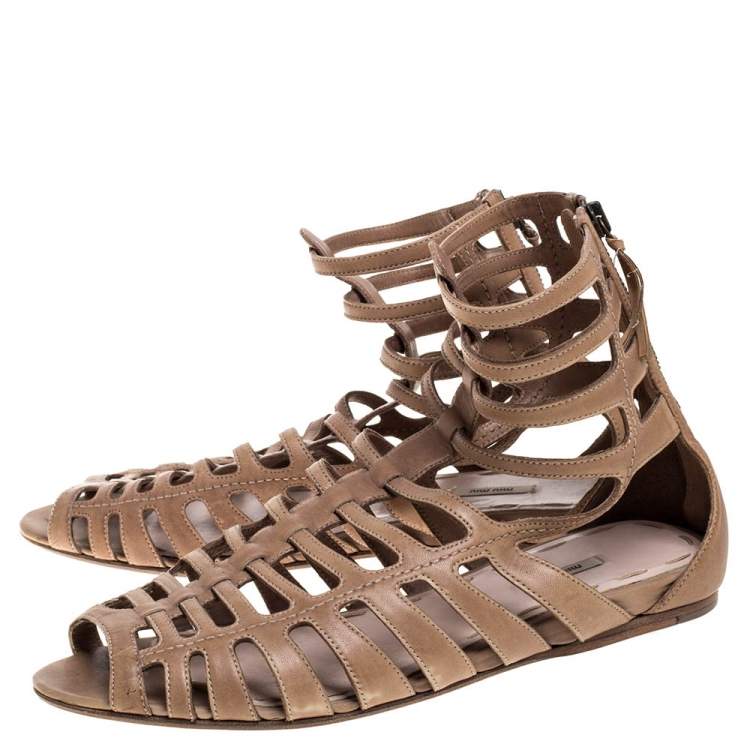 Pre Owned Miu Miu Light Brown Leather Gladiator Flat Sandals Size 39.5