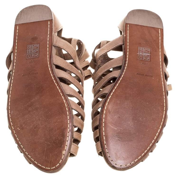 Pre Owned Miu Miu Light Brown Leather Gladiator Flat Sandals Size 39.5