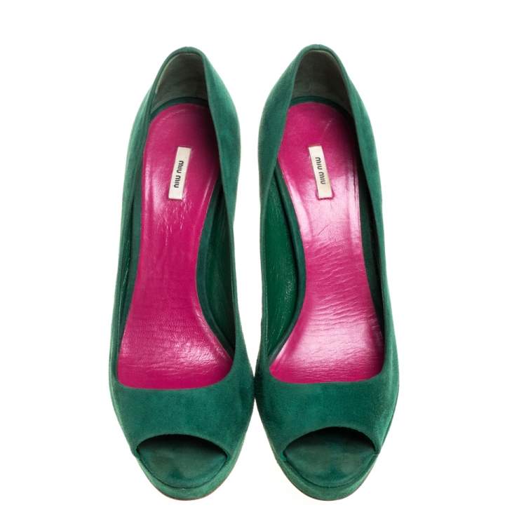 Pre Owned Miu Miu Green Suede Peep Toe Platform Pumps Size 39