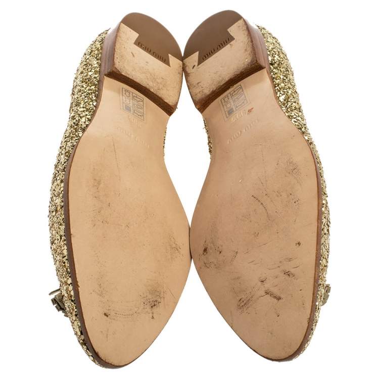 Pre Owned Miu Miu Gold Glitter And Leather Tassel Pointed Toe Flats Size 39.5