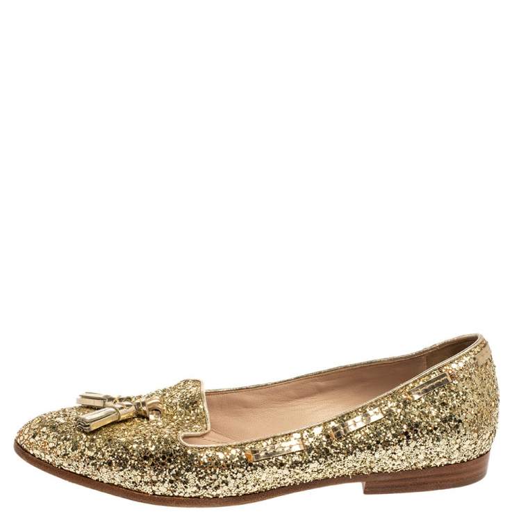 Pre Owned Miu Miu Gold Glitter And Leather Tassel Pointed Toe Flats Size 39.5